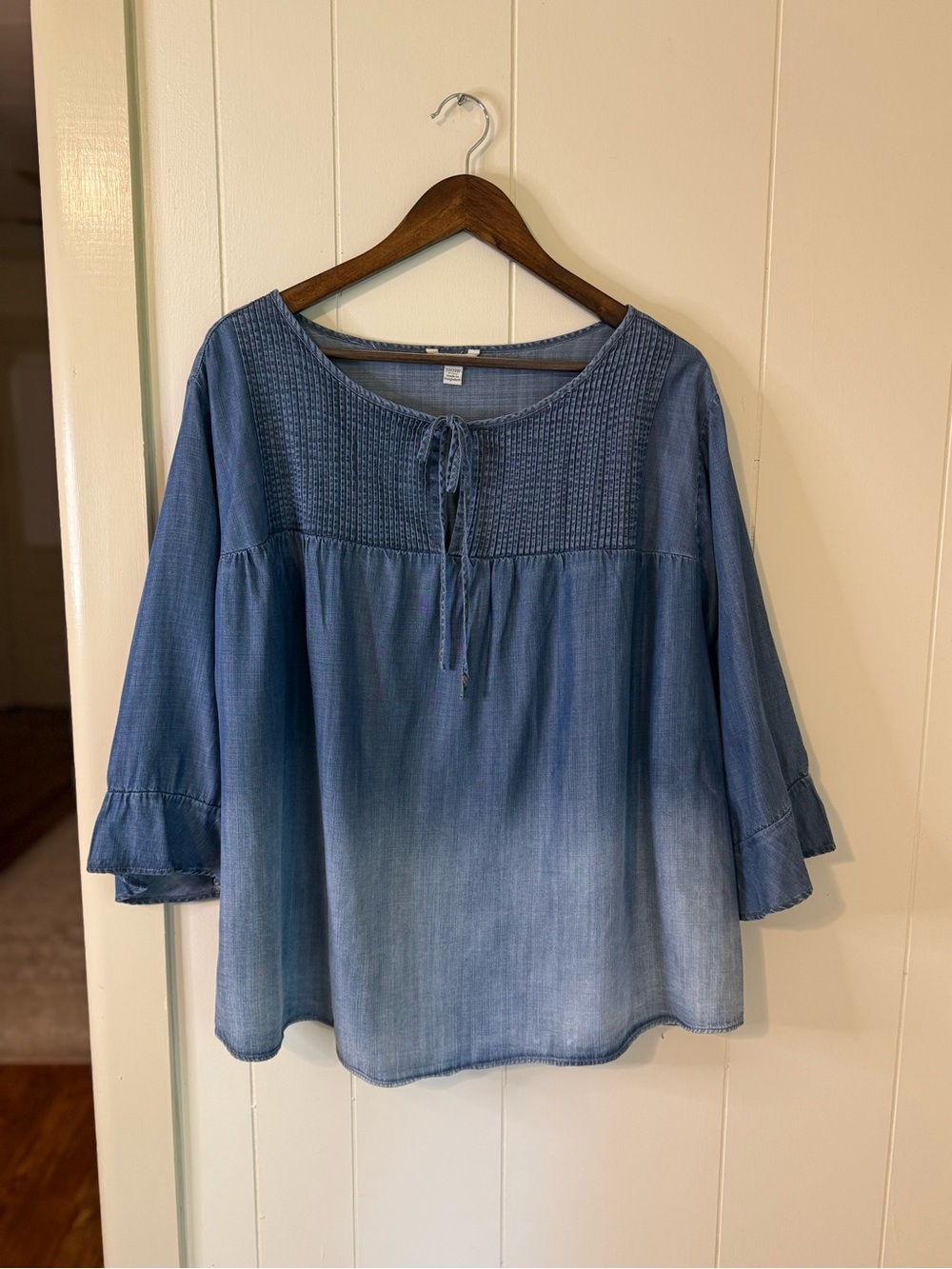 Cato Denim-Blue Smocked Peasant Tunic with Tie Neck Size 22/24W Top